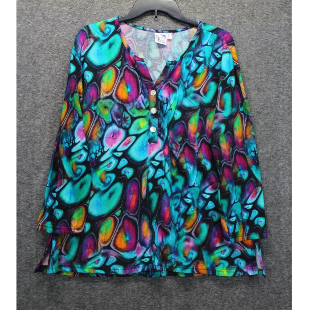 Parsley & Sage Women Medium Henley Top Vibrant Colorful 3/4 Sleeve